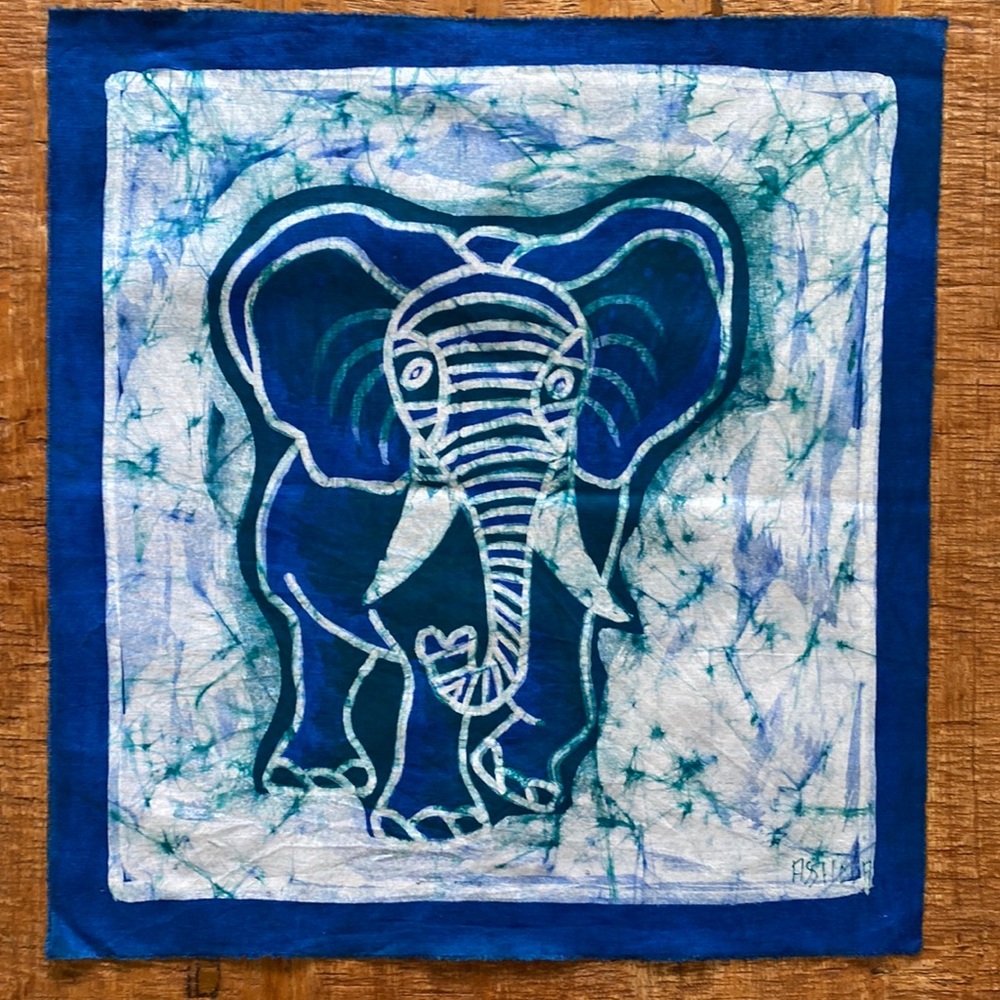 African Batik Elephant Hand Dyed Fabric Panel by Artist Theodore Asshola